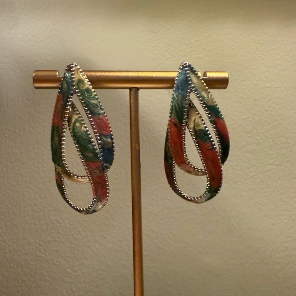 Vintage Silver/ Multicolor Enamel Double Teardrop 1.5” Drop Pierced Earrings - Picture 6 of 8
